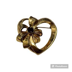 Avon Vintage Heart w Ribbon Goldtone Brooch Purple Rhinestone Birthstone Pin